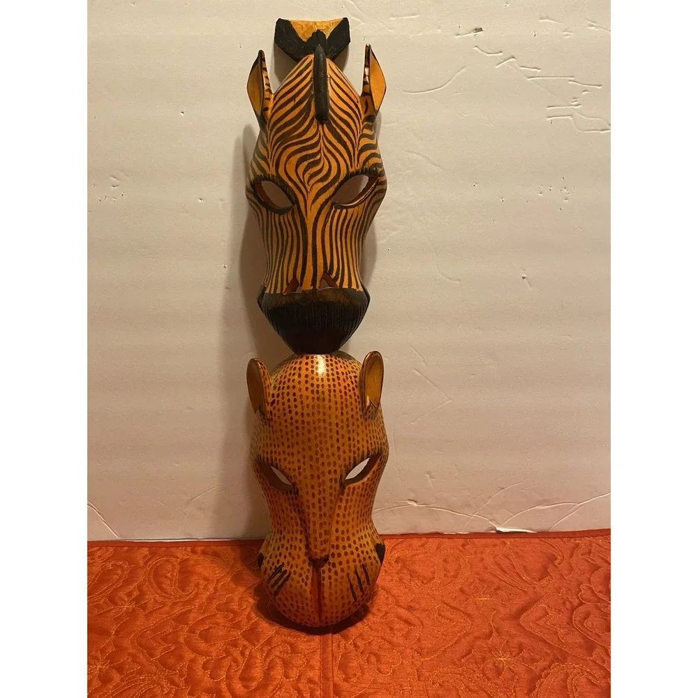 Wooden Hand Carved African Tribal‎ Masks. Zebra And Leopard 19